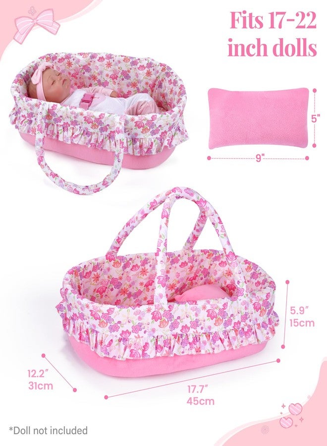BABESIDE 2 Pcs Reborn Baby Doll Accessories, Pink Floral Baby Doll Bassinet with Pillow and Built-in Carrier, Foldable Doll Bed with Handle for 17-22 Inch Lifelike Dolls (Dolls Not Included) - Image 3